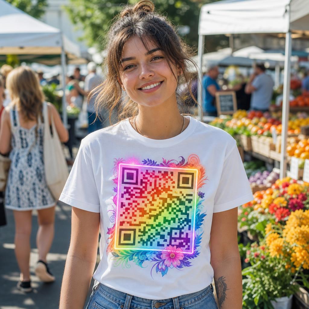 Woman wearing a custom QR code t-shirt at a farmers market