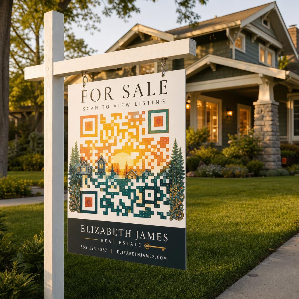 Real estate For Sale yard sign with a QR code in front of a craftsman house
