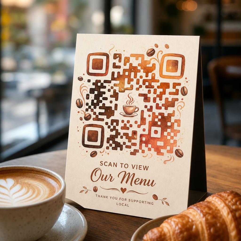 Cafe table tent card with a QR code next to a latte and croissant