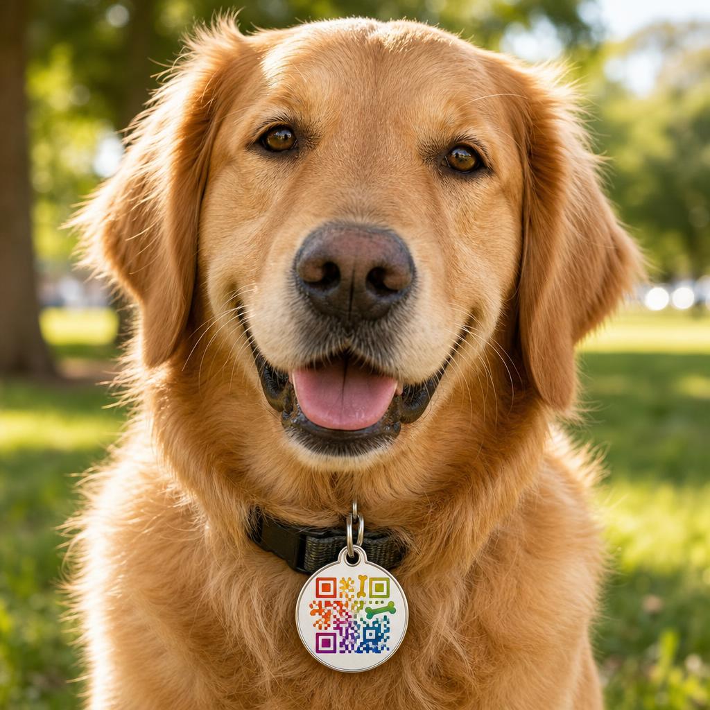 Golden retriever wearing a collar with a QR code pet ID tag