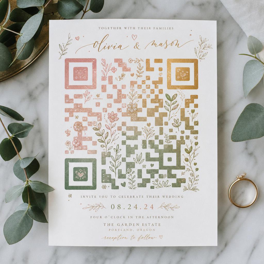 Wedding invitation with eucalyptus and a QR code for RSVP
