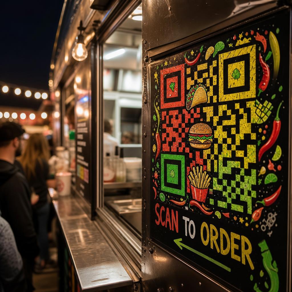 Food truck order window with a large QR code sticker