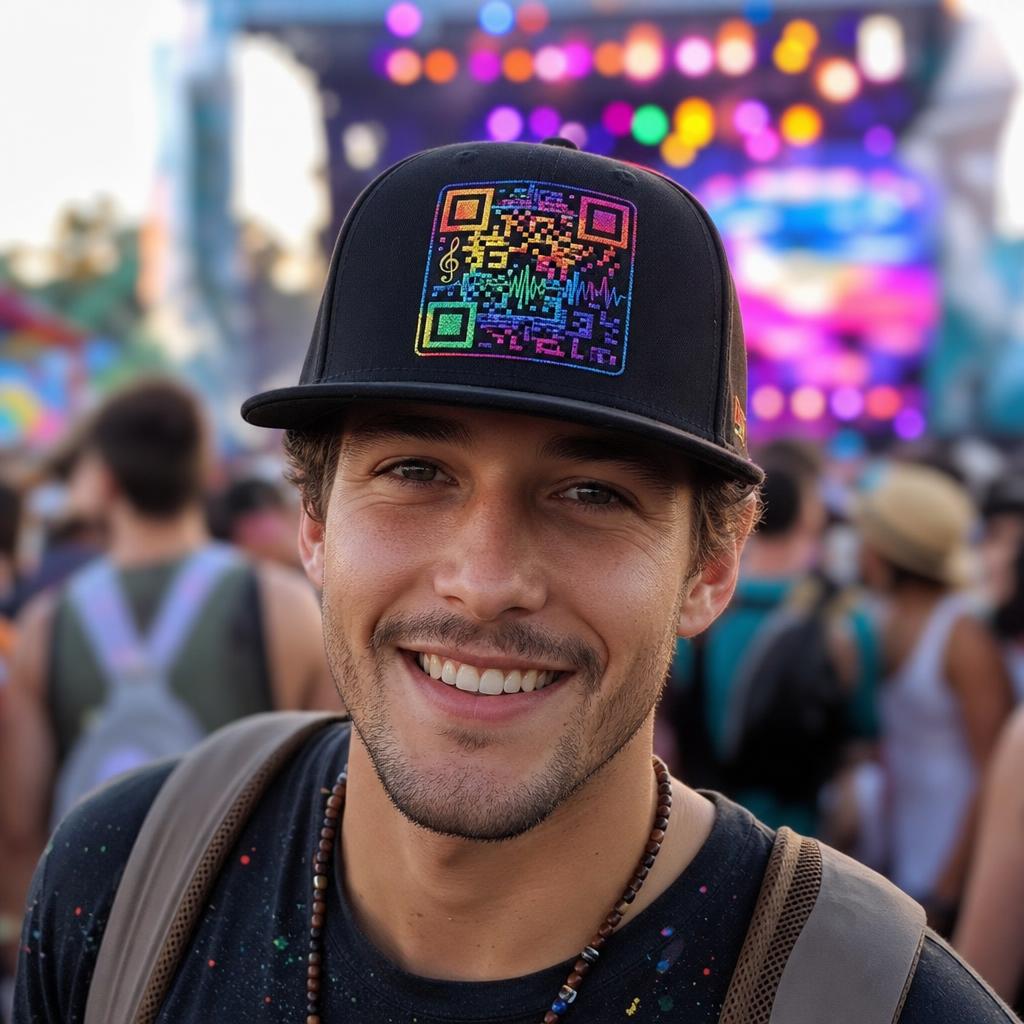 Man at a music festival wearing a baseball cap with a QR code patch