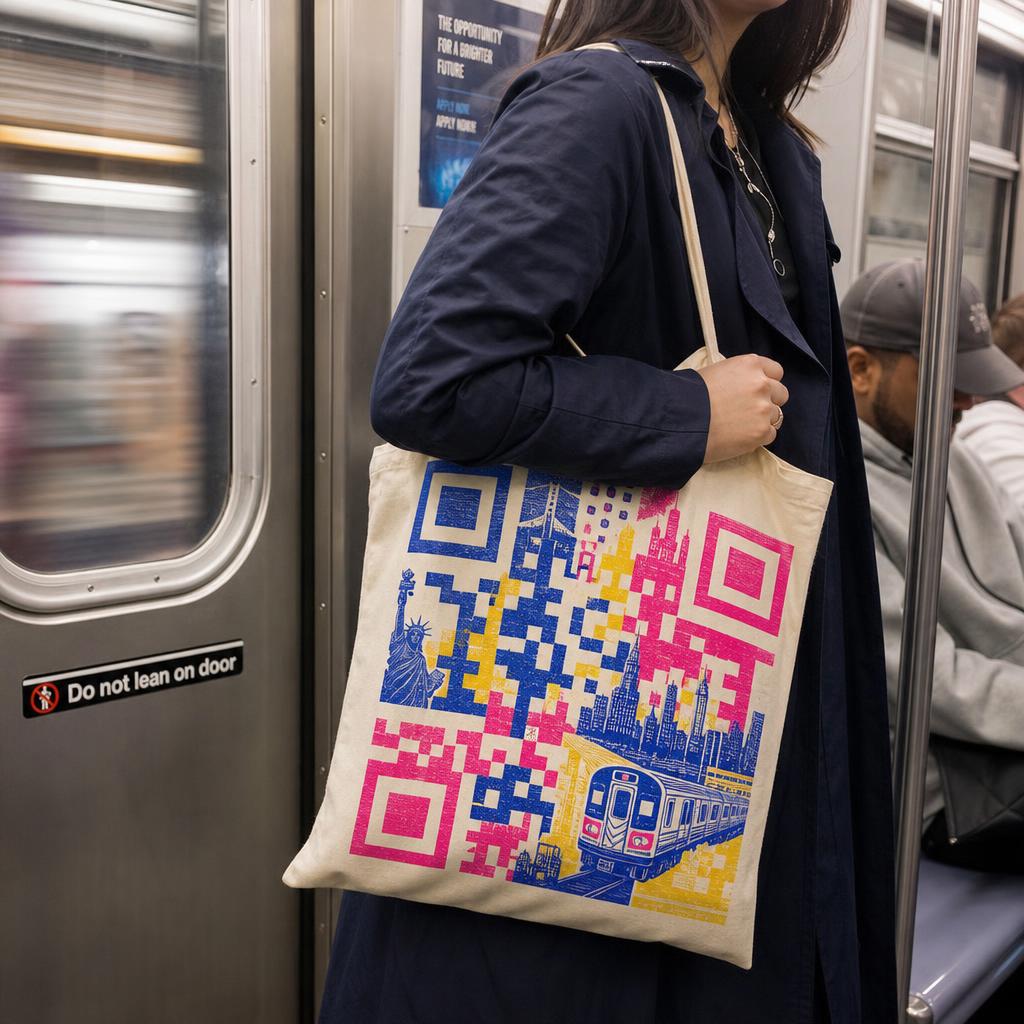 Commuter holding a tote bag printed with a large QR code on a subway
