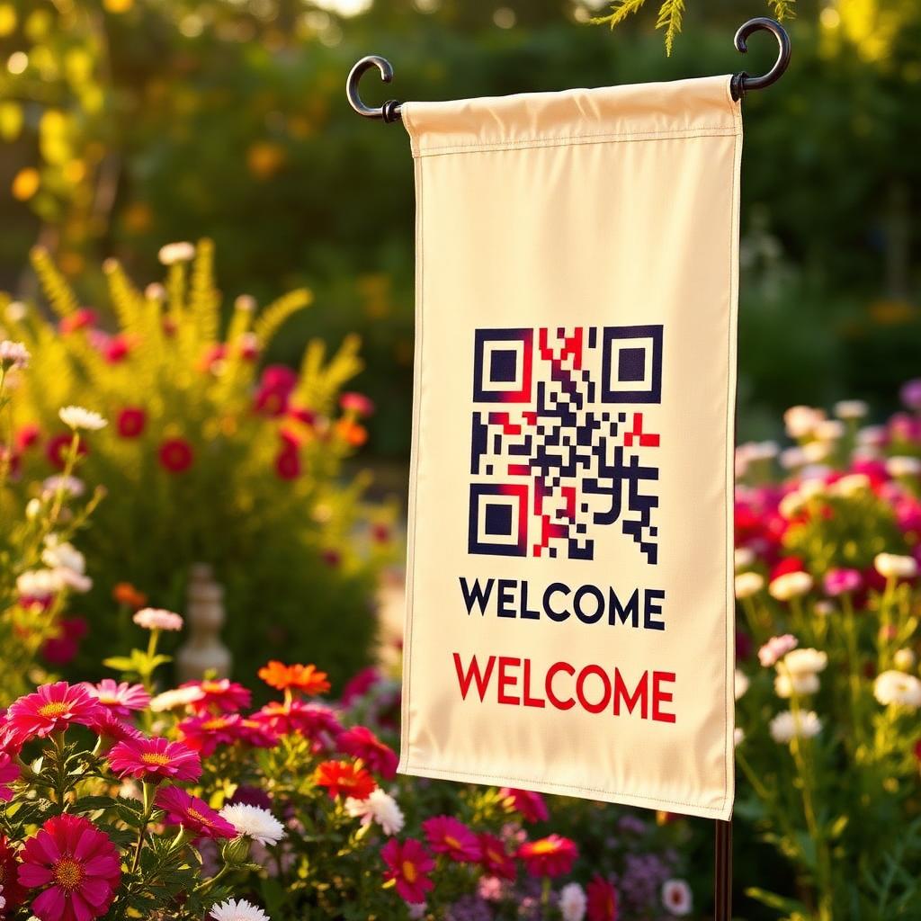 Garden Flag with a QR code printed on it