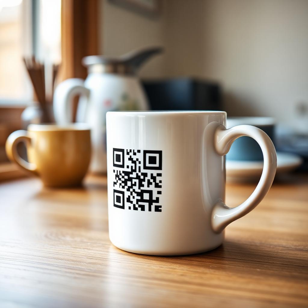 White Ceramic Mug 11oz with a QR code printed on it